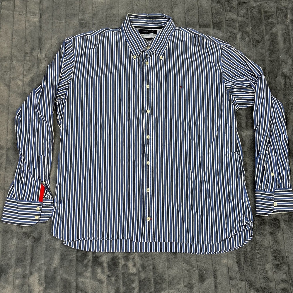 Tommy Hilfiger Mens XXL Blue White Striped 100s Two Ply Cotton Button Down Shirt